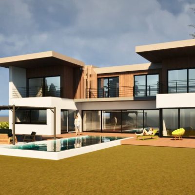 Perspective de la vue extérieure de la villa avec piscine à Anglet et vue golf