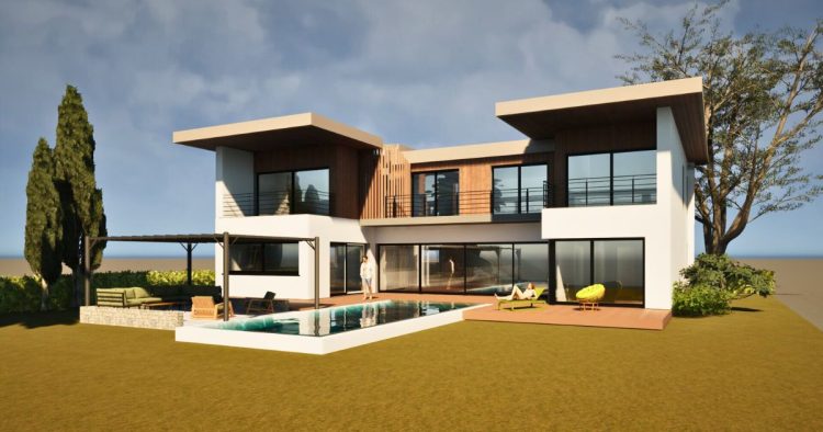 Perspective de la vue extérieure de la villa avec piscine à Anglet et vue golf