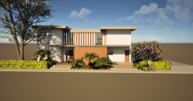 Perspective de la vue extérieure de la villa avec piscine à Anglet et vue golf