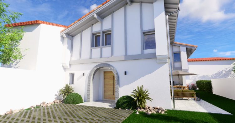 Perspective vue extérieure, le devant de la villa à Biarritz