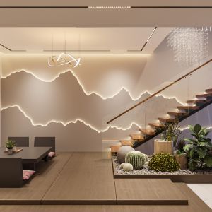 Salon moderne avec éclairage LED intelligent et ambiance lumineuse personnalisable.