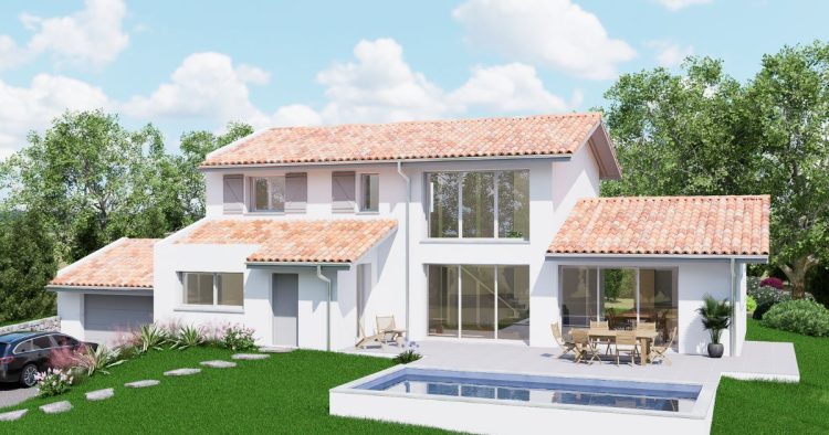 Perspective de la villa vue extérieure avec la piscine à BASSUSSARRY