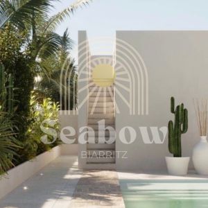 Vue d’ambiance lumineuse d’un espace bien-être contemporain, architecture épurée et naturelle. Logo Maison Seabow en surimpression.