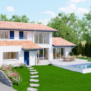Vue extérieure de la villa contemporaine à Bassussarry, architecture basque moderne avec façades blanches, tuiles en terre cuite, volets bleus et piscine en terrasse
