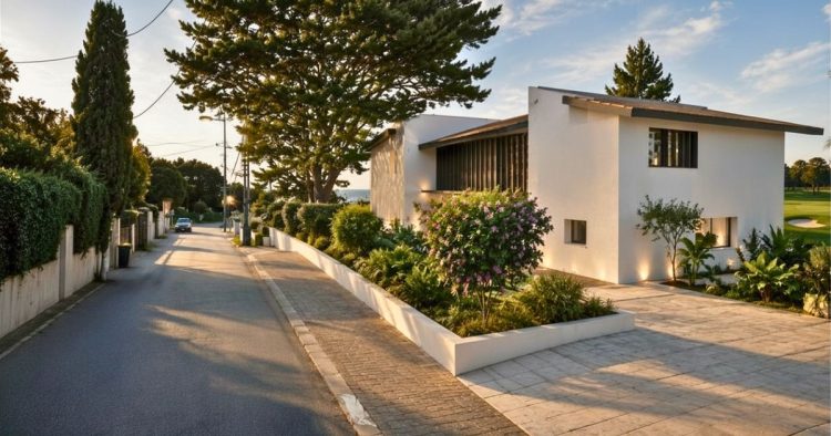 Perspective de la vue extérieure côté rue de la villa avec piscine à Anglet et vue golf