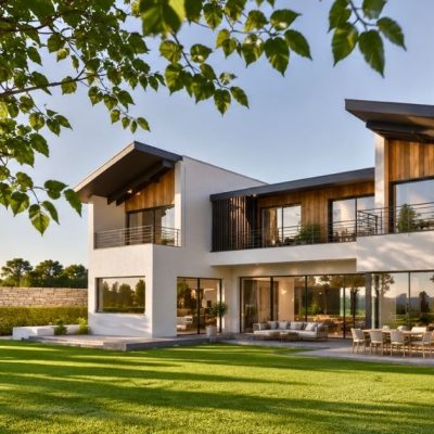 Perspective de la vue extérieure de la villa avec piscine à Anglet et vue golf