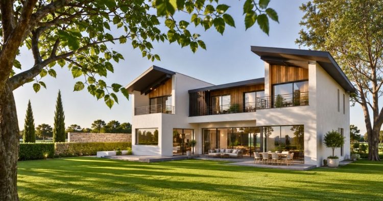 Perspective de la vue extérieure de la villa avec piscine à Anglet et vue golf