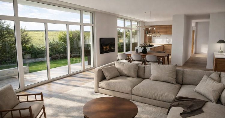 Perspective intérieure du salon et cuisine. Villa d’architecte de plain-pied offre un cadre de vie paisible avec une vue dégagée sur la Rhune à Saint-Jean-De-Luz