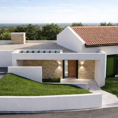 Perspective extérieure de l'entrée. Villa d’architecte de plain-pied offre un cadre de vie paisible avec une vue dégagée sur la Rhune à Saint-Jean-De-Luz